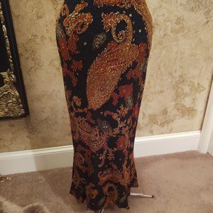 Black Red Orange Metallic Gold Paisley Maxi Skirt with Elastic Waist